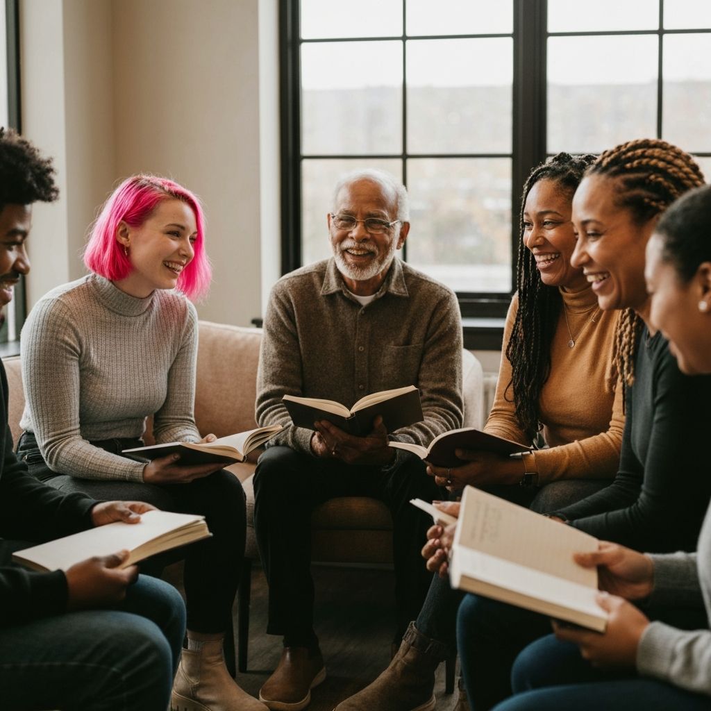 A diverse group of people in a circle sharing and reflecting together with journals