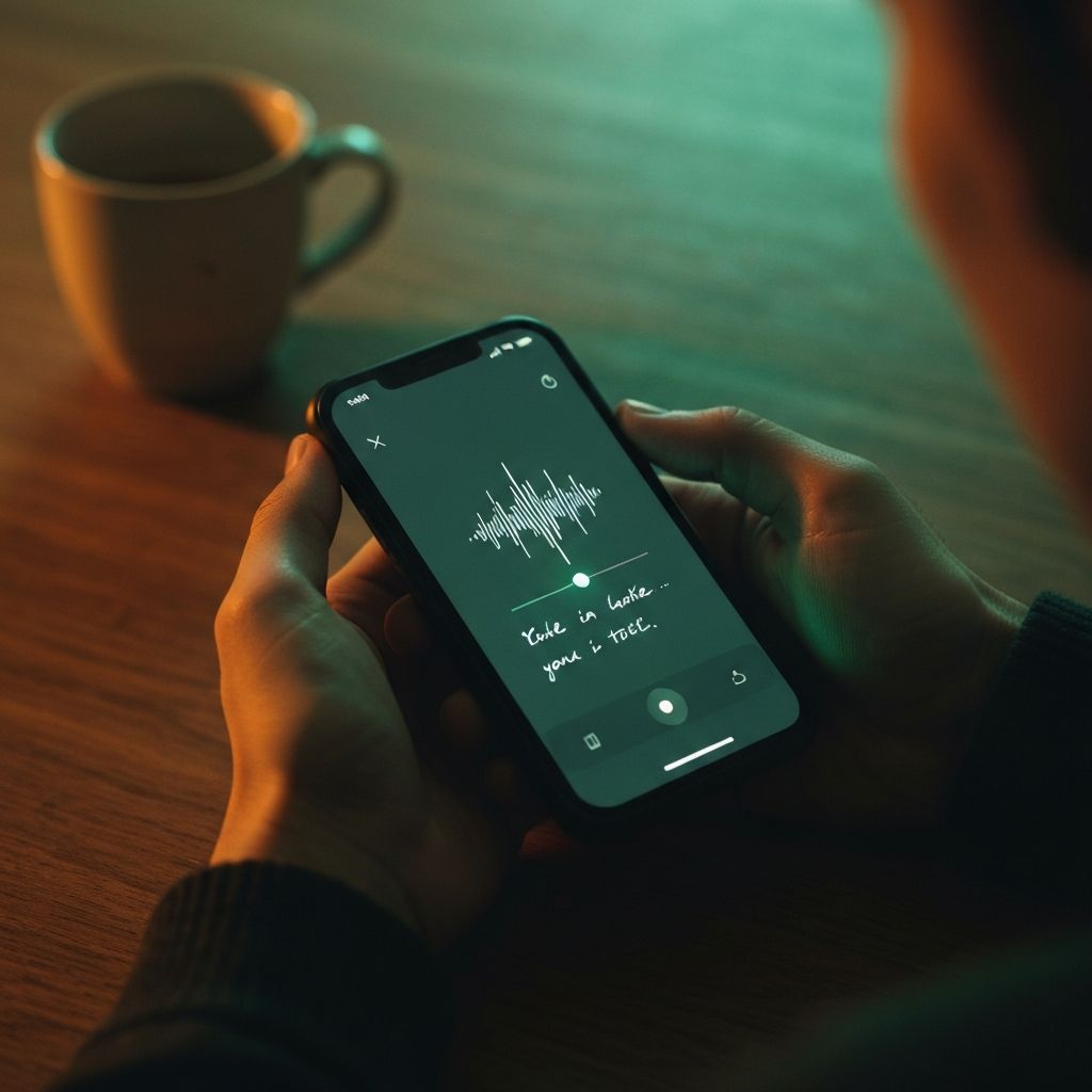 Hands writing in a journal on a kitchen table in warm morning light