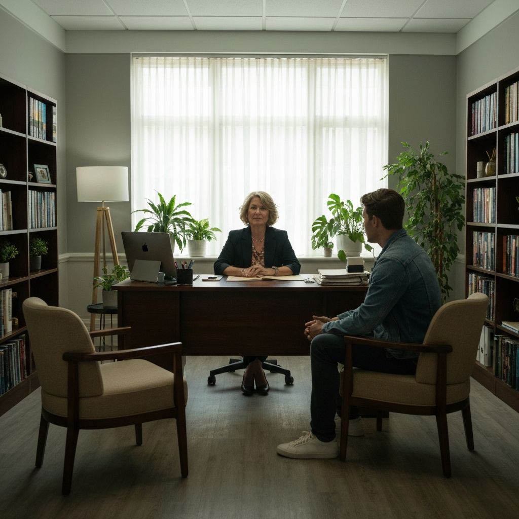 A therapist and client in a warm, engaged conversation during a session